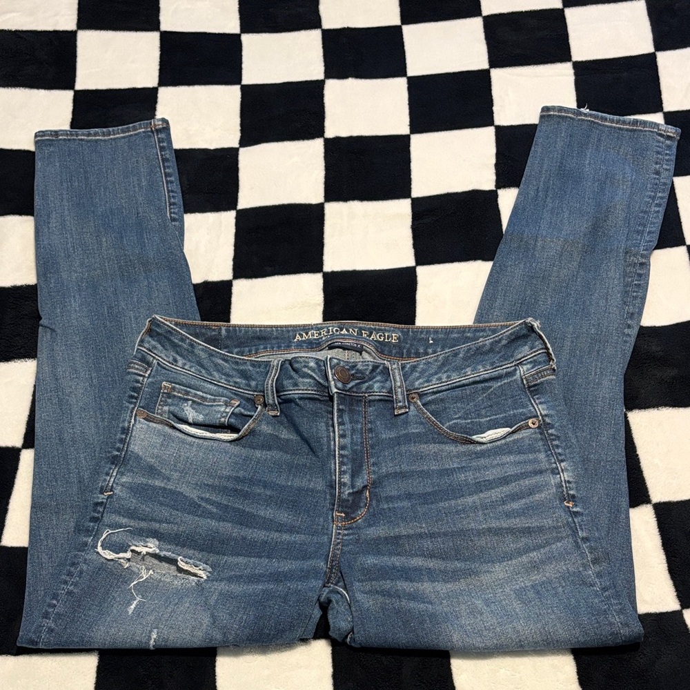 American Eagle Outfitters Women's LONG Distressed Blue Skinny Jeans
